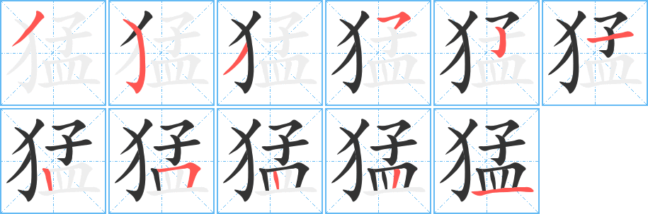 猛字的筆順?lè)植窖菔? /></p>
<script src=